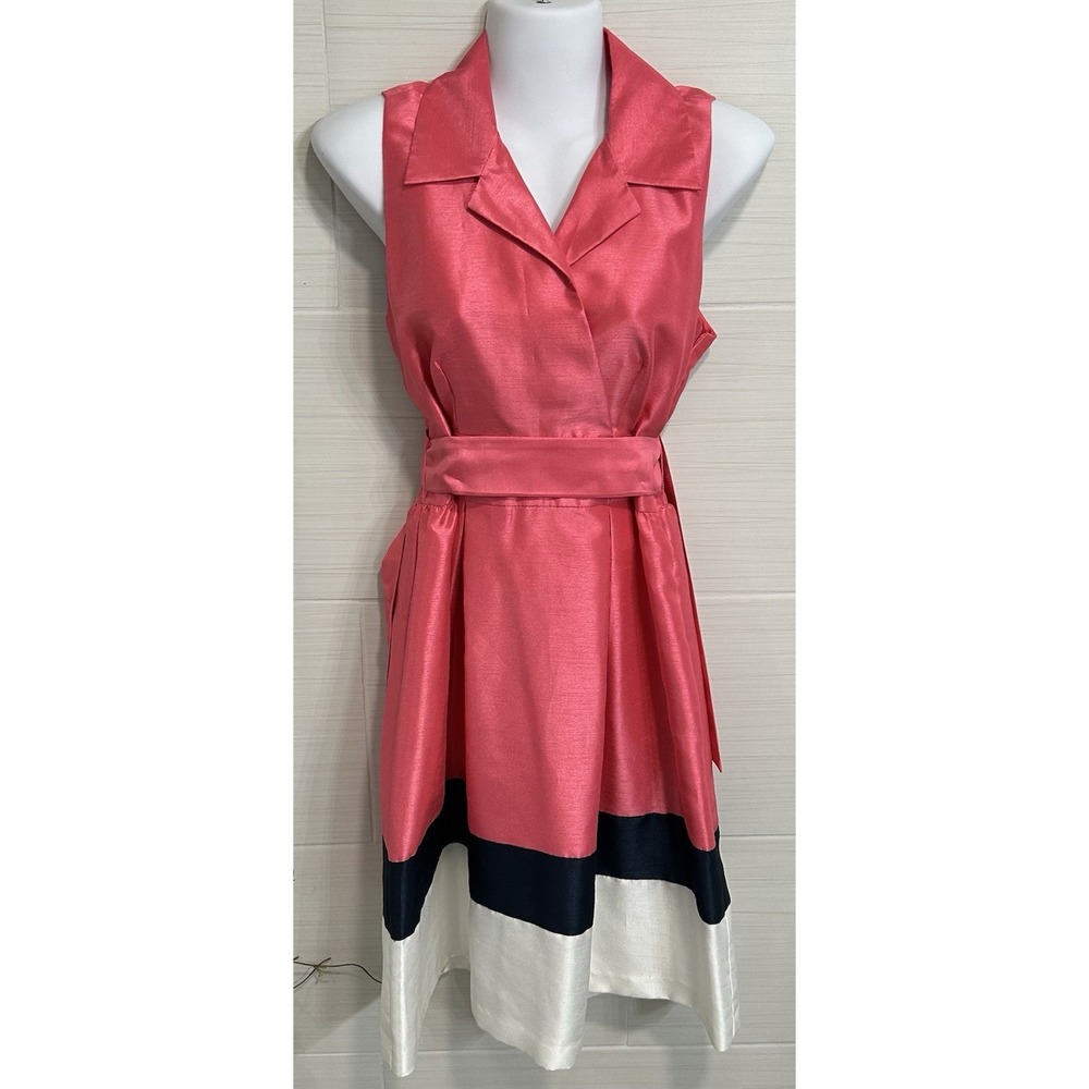 Jessica Howard  Coral Blue White Color Block Fit Flare Shimmery Dress 6